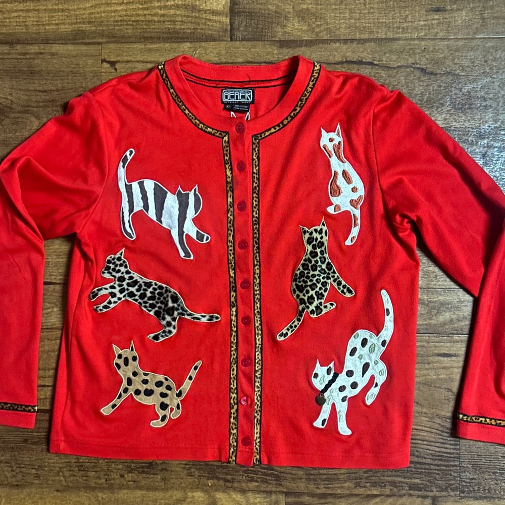 Berek X-Large Red Multi-Color Cats Embroidery Car… - image 2